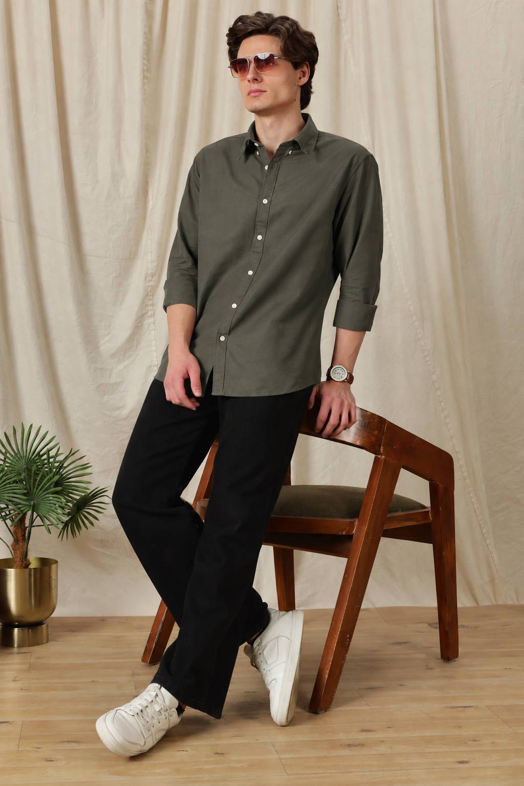 Men's Dark Green Relaxed Fit Cotton Shirt