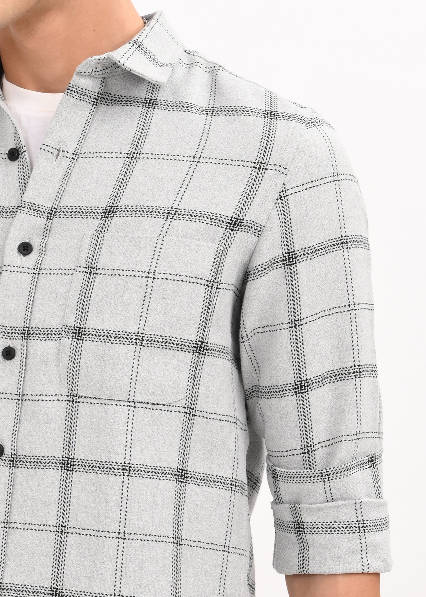 Check Shirt in Poly Cotton Lt Grey