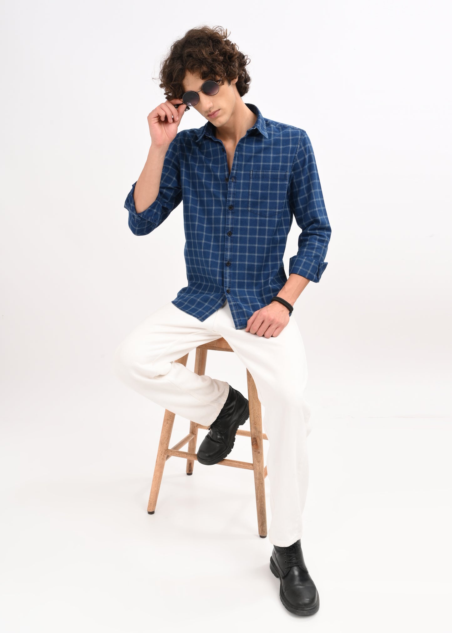 Indigo-Dyed 100% Cotton Check Shirt Dk Navy