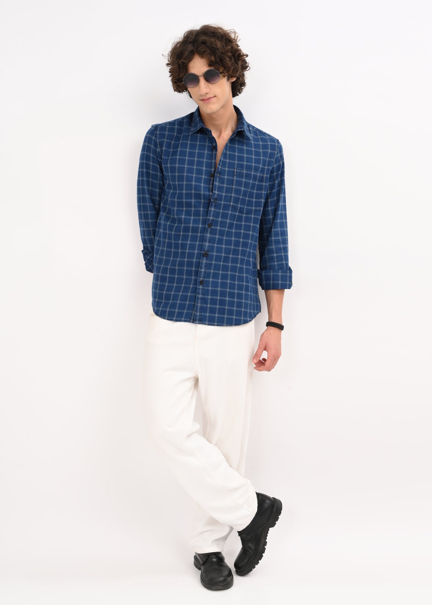 Indigo-Dyed 100% Cotton Check Shirt Dk Navy