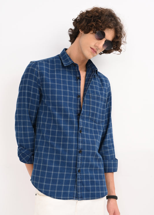 Indigo-Dyed 100% Cotton Check Shirt Dk Navy