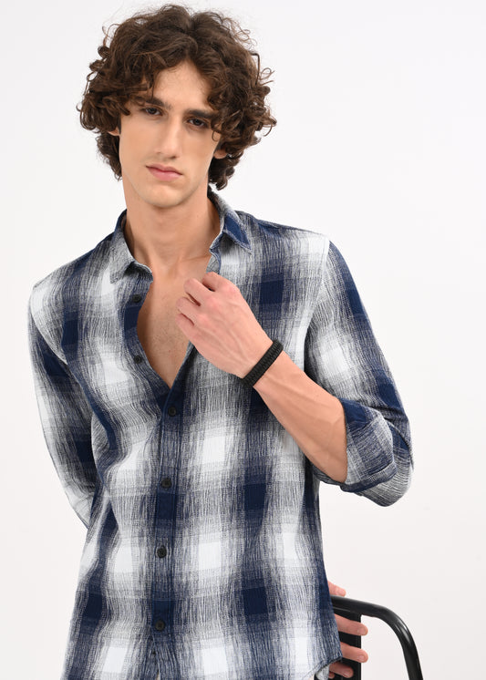 Textured Indigo Dobby Check Shirt White