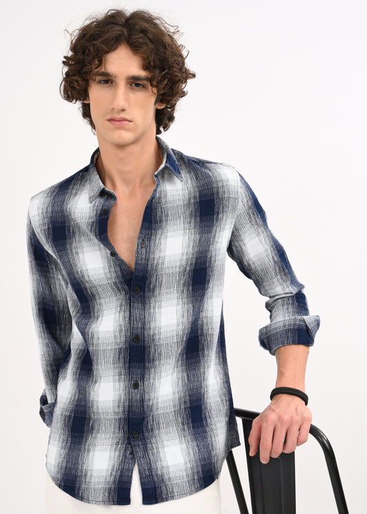 Textured Indigo Dobby Check Shirt White