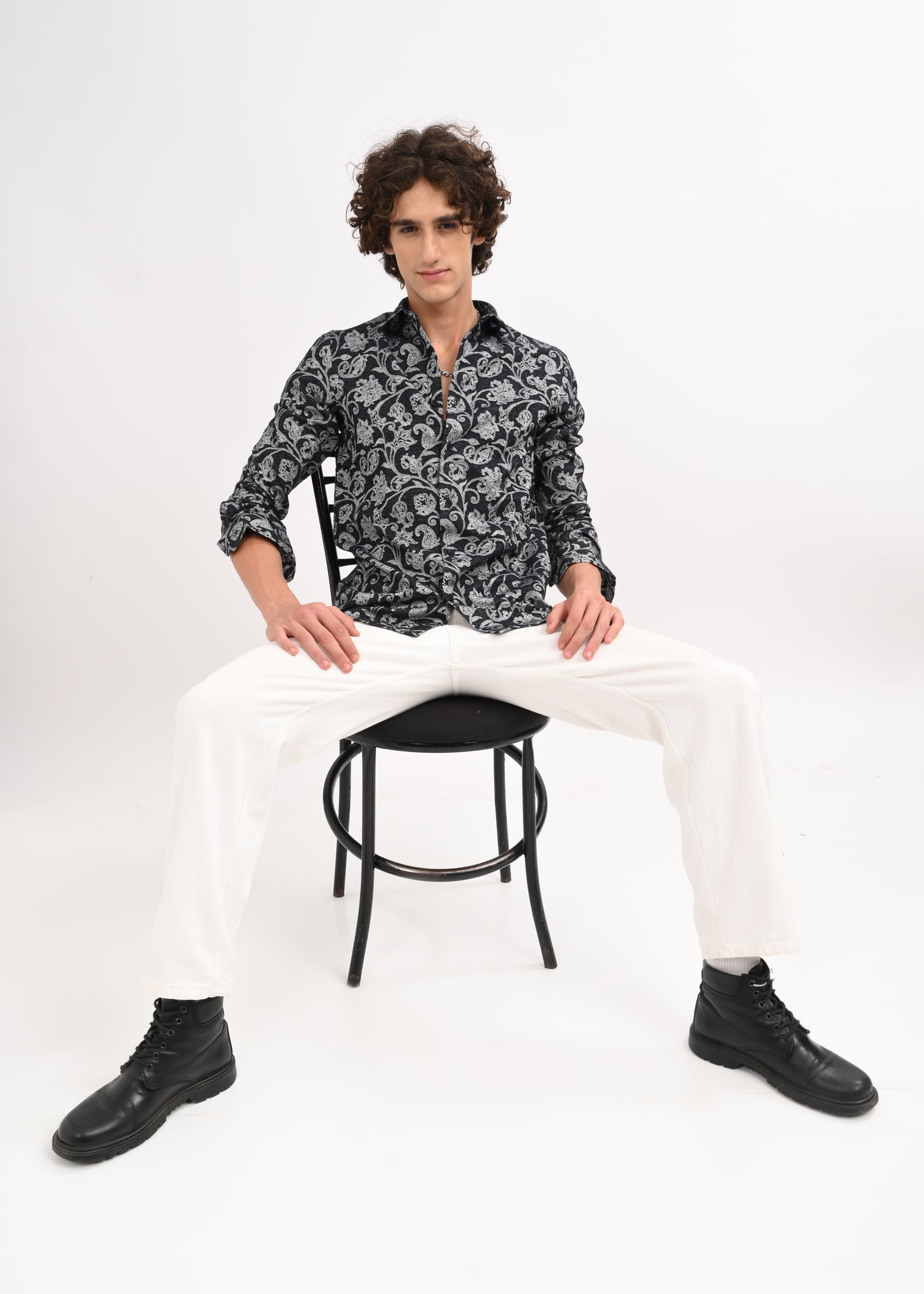 Floral Printed Self-Jacquard Shirt White
