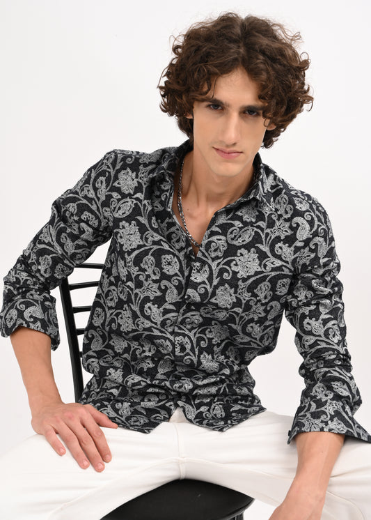 Floral Printed Self-Jacquard Shirt White