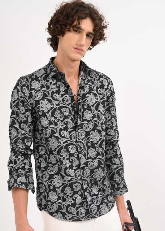 Floral Printed Self-Jacquard Shirt White