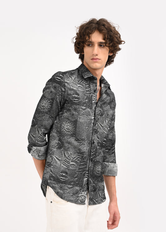 Floral Printed Self-Jacquard Shirt Black