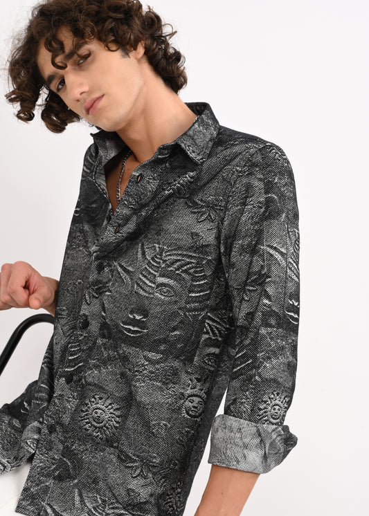Floral Printed Self-Jacquard Shirt Black