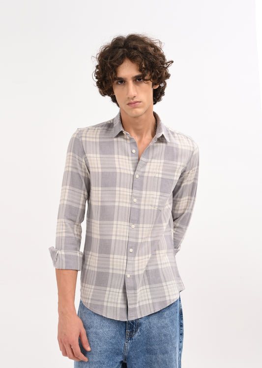 Linen-Cotton Check Shirt Grey
