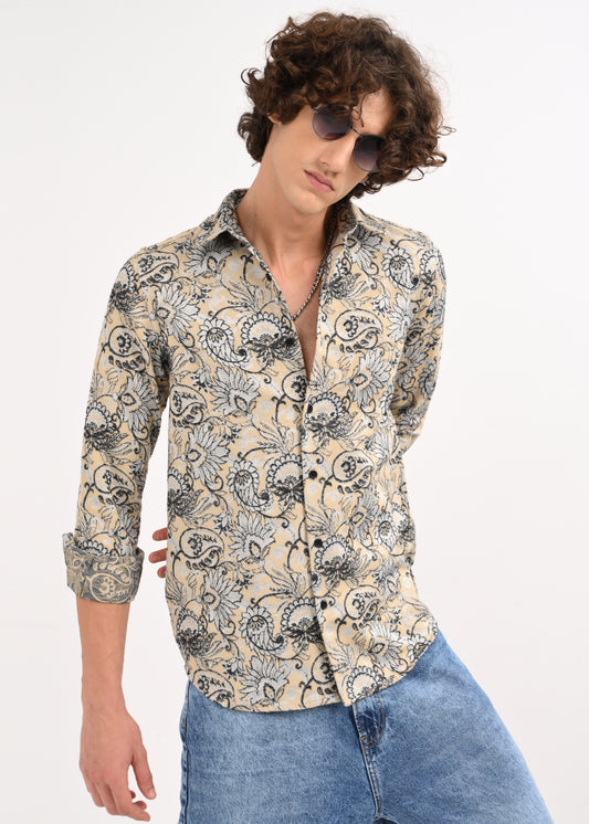 Floral Printed Self-Jacquard Shirt Cream