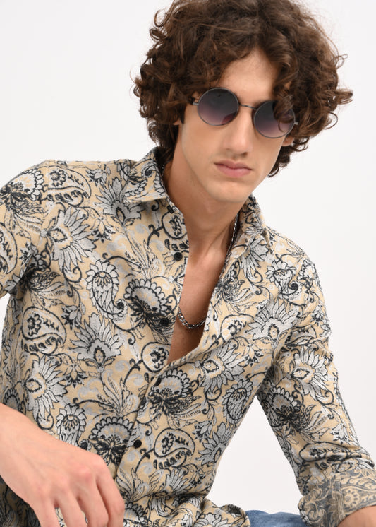 Floral Printed Self-Jacquard Shirt Cream