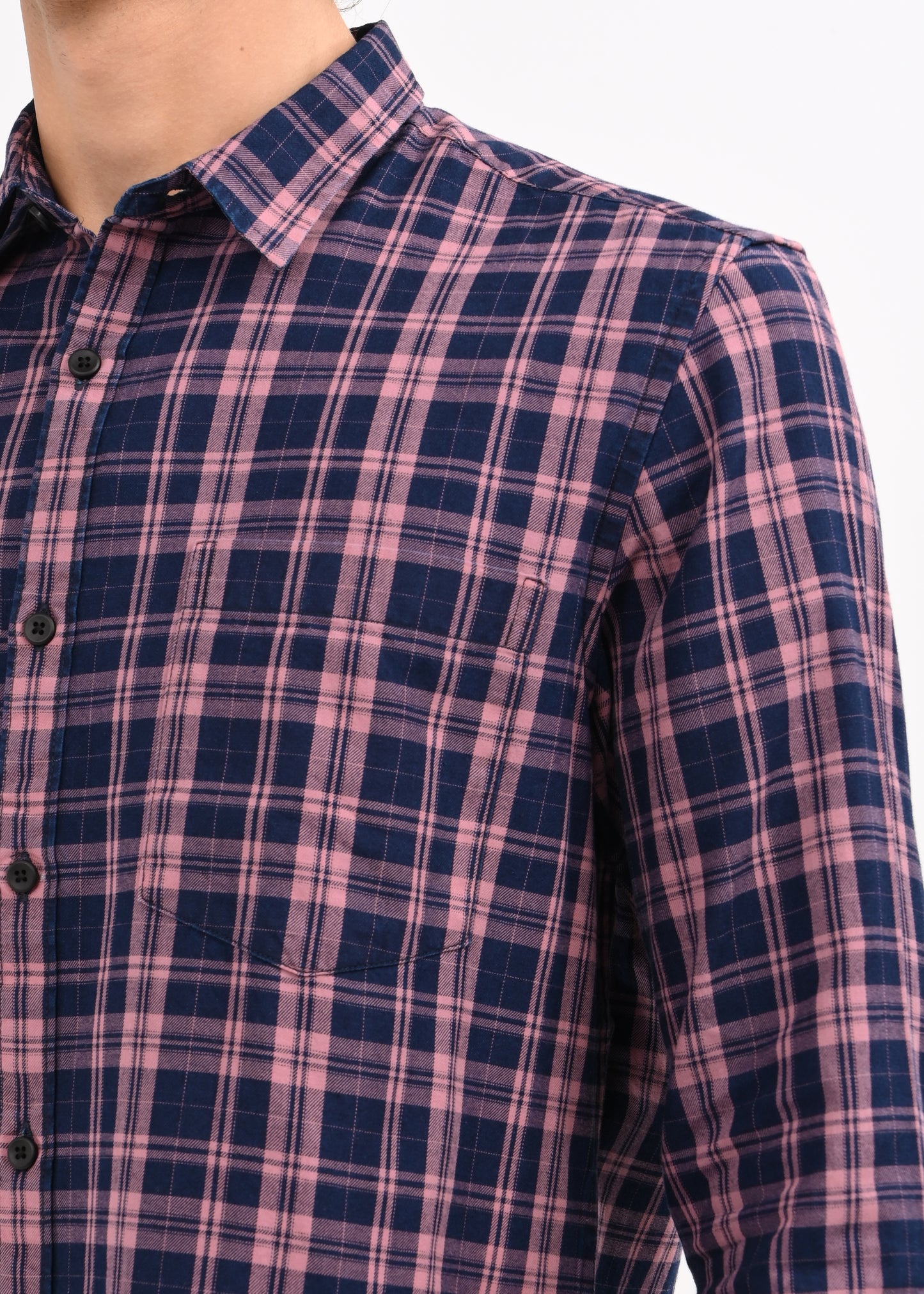 Indigo-Dyed 100% Cotton Check Shirt Pink
