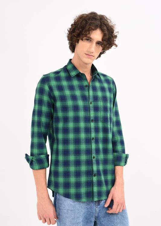 Indigo-Dyed 100% Cotton Check Shirt Green