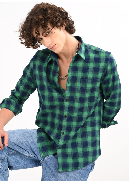 Indigo-Dyed 100% Cotton Check Shirt Green