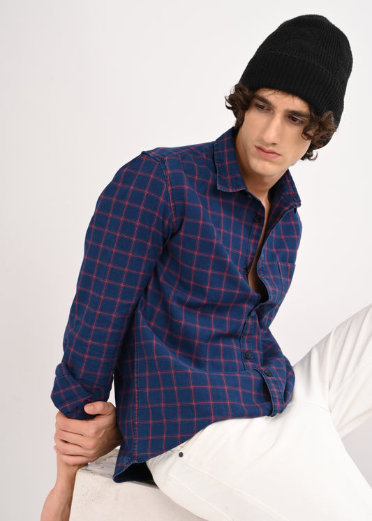 Indigo-Dyed 100% Cotton Check Shirt Red