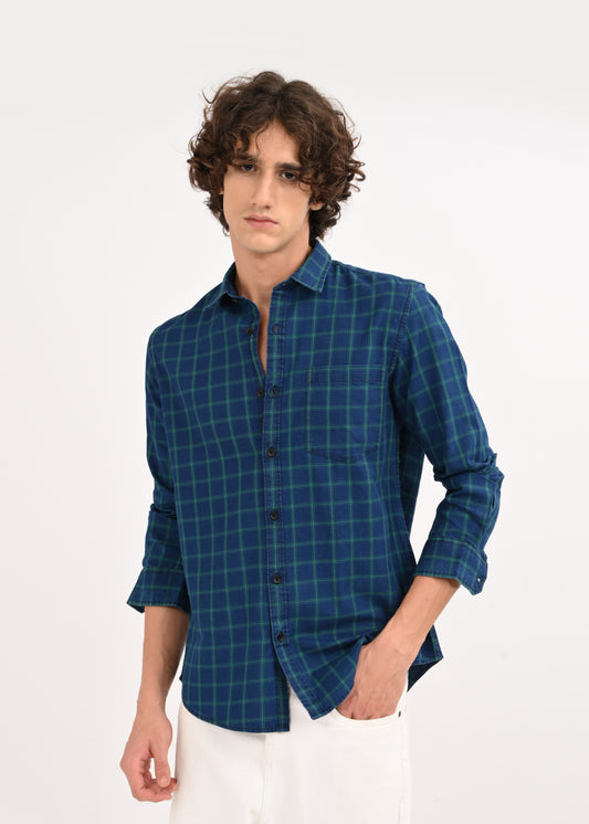 Indigo-Dyed 100% Cotton Check Shirt Navy