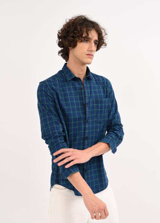 Indigo-Dyed 100% Cotton Check Shirt Navy