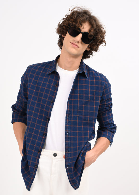 Indigo-Dyed 100% Cotton Check Shirt Navy