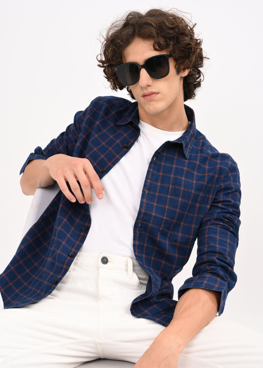 Indigo-Dyed 100% Cotton Check Shirt Navy