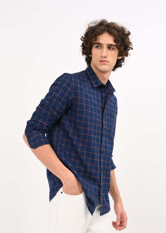 Indigo-Dyed 100% Cotton Check Shirt Navy