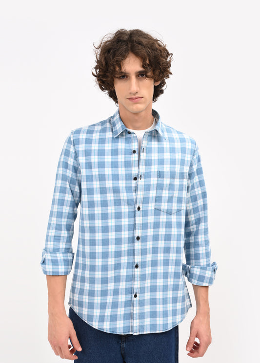 Indigo-Dyed 100% Cotton Check Shirt Dk Blue