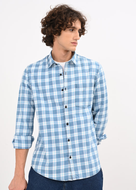 Indigo-Dyed 100% Cotton Check Shirt Dk Blue
