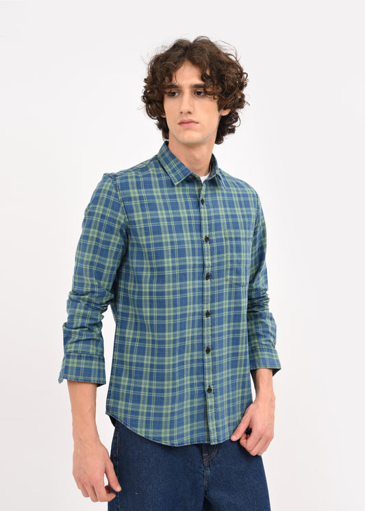 Indigo-Dyed 100% Cotton Check Shirt Green