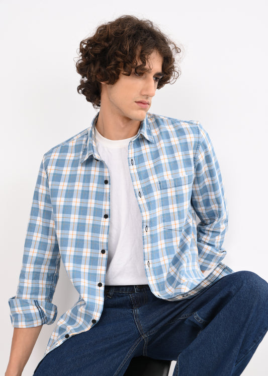 Indigo-Dyed 100% Cotton Check Shirt White
