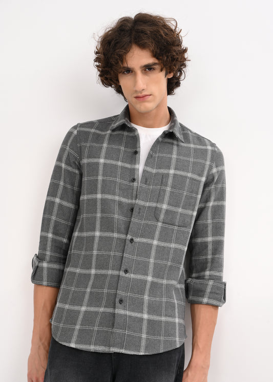 Check Shirt in Poly Cotton Dk Grey