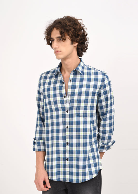 Indigo-Dyed 100% Cotton Check Shirt Navy