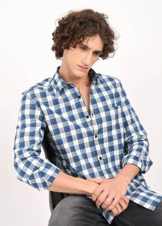 Indigo-Dyed 100% Cotton Check Shirt Navy