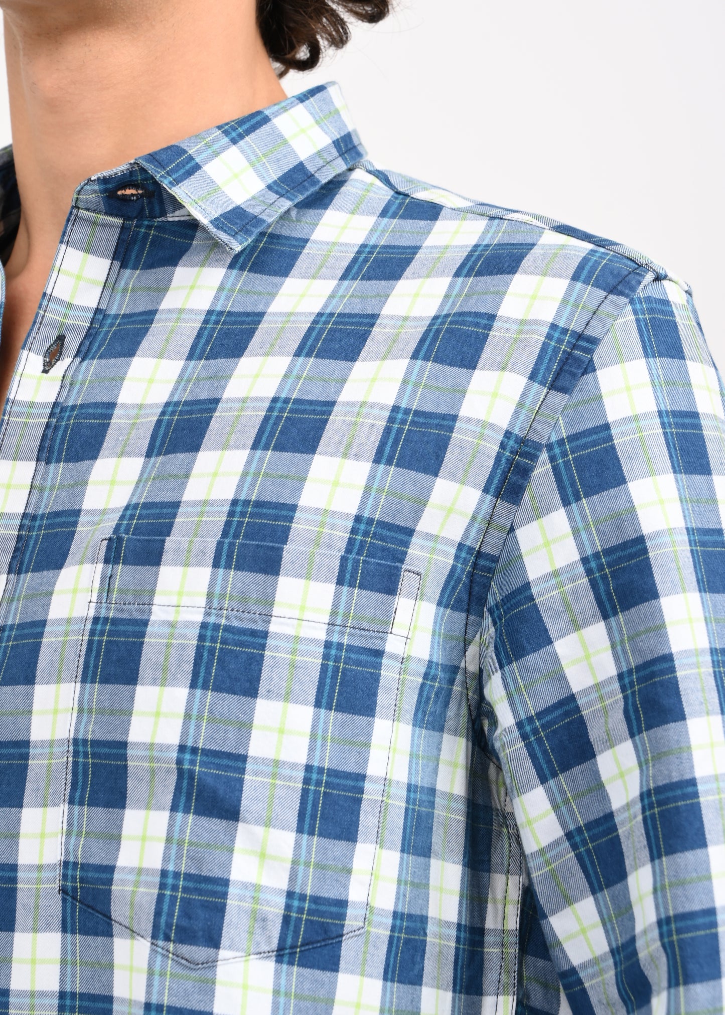 Indigo-Dyed 100% Cotton Check Shirt Navy
