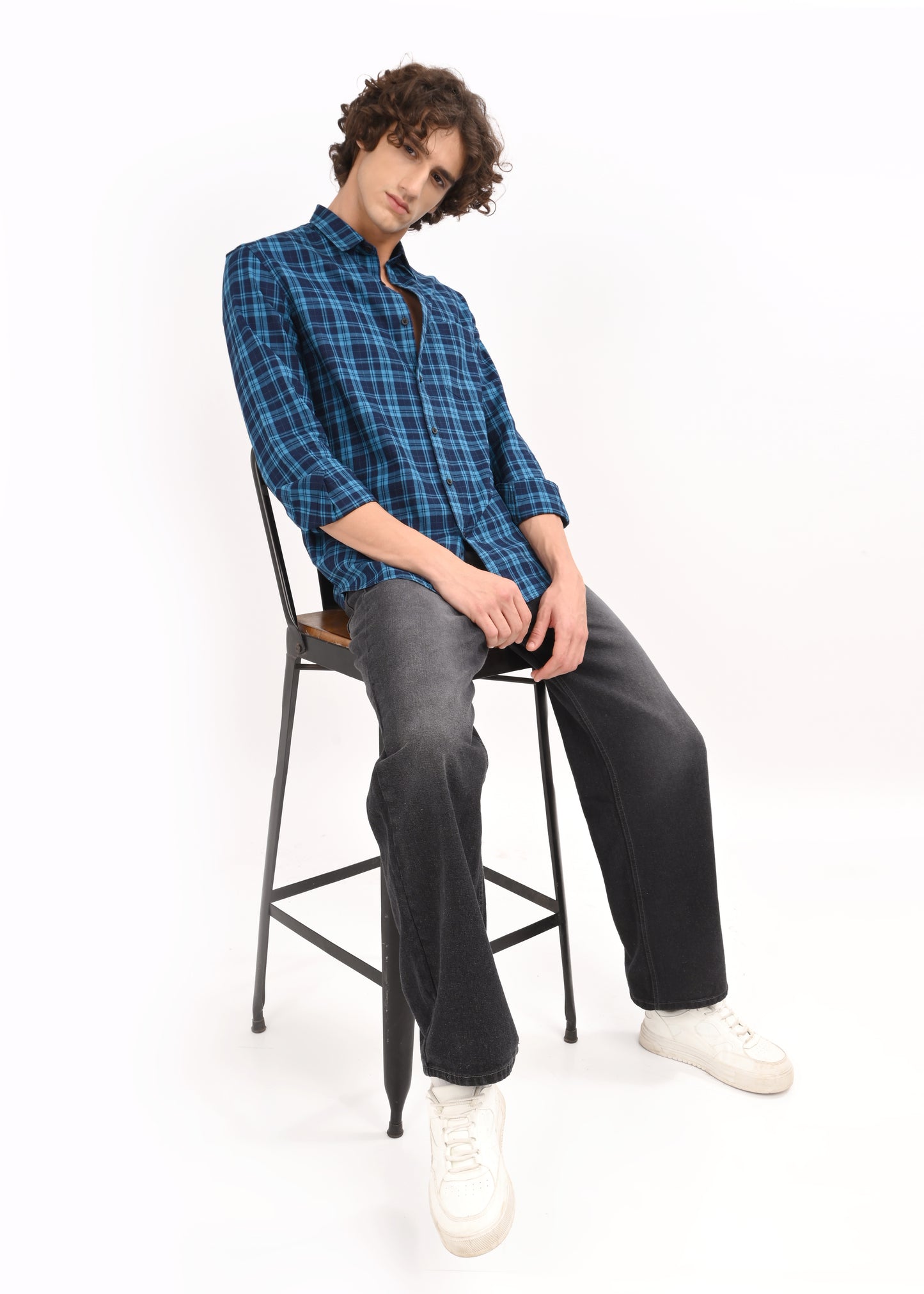 Indigo-Dyed 100% Cotton Check Shirt Blue