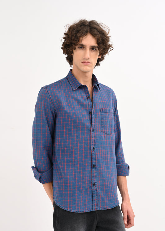 Indigo-Dyed 100% Cotton Check Shirt Navy