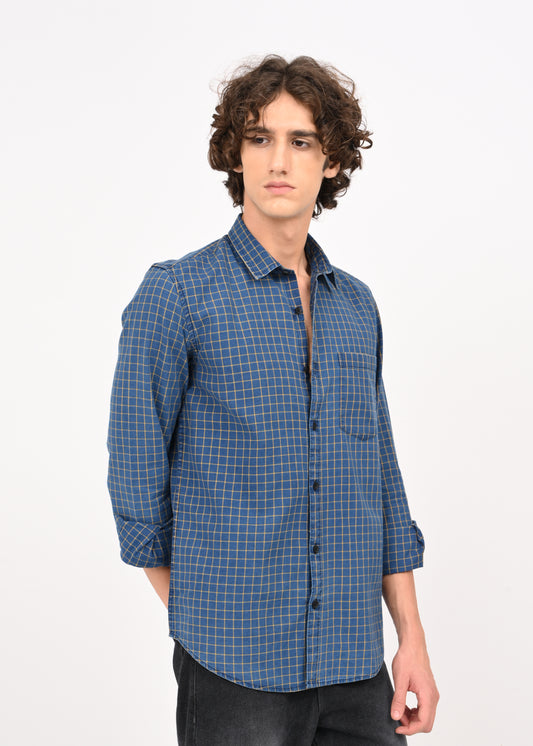 Indigo-Dyed 100% Cotton Check Shirt Yellow
