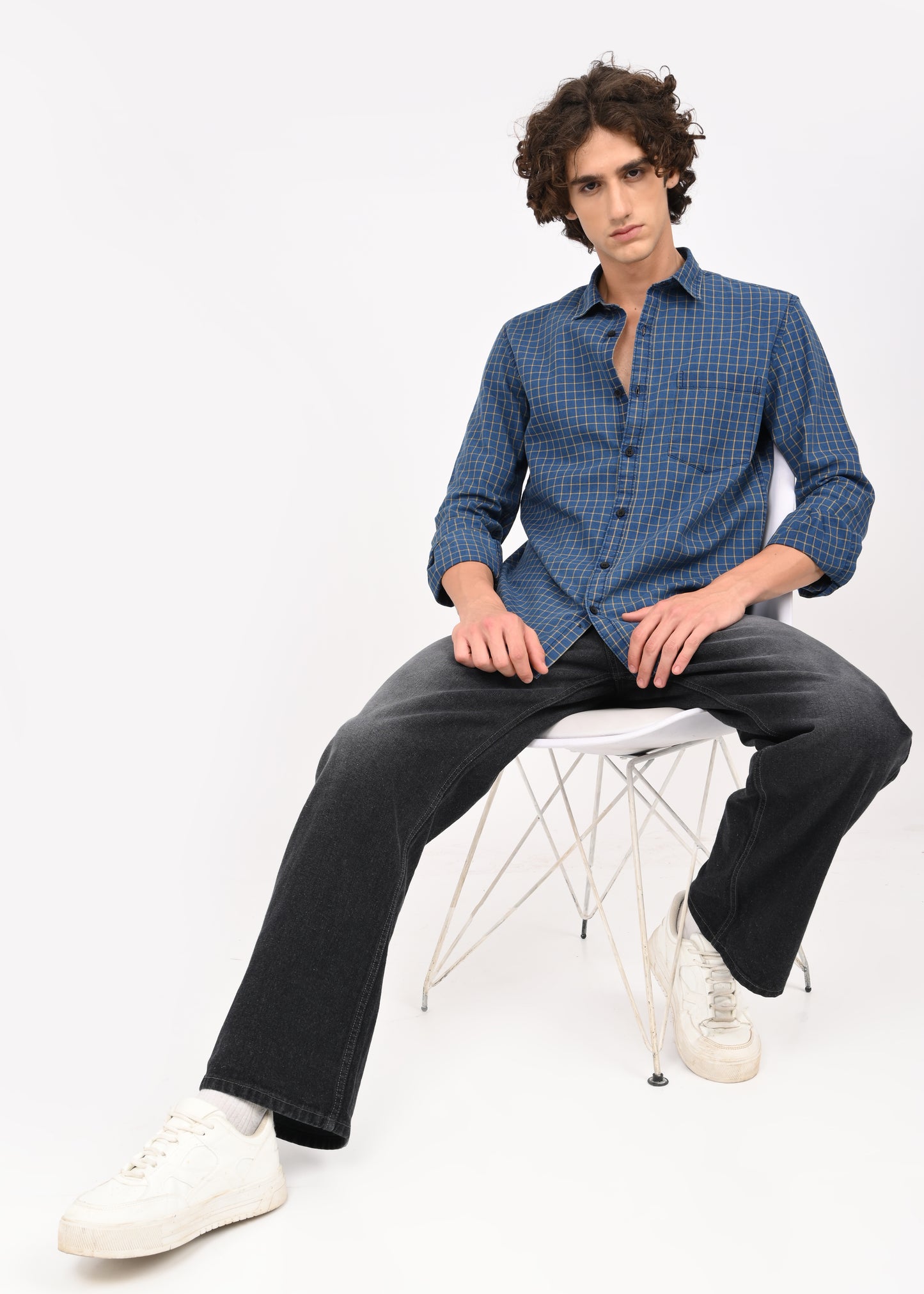 Indigo-Dyed 100% Cotton Check Shirt Yellow