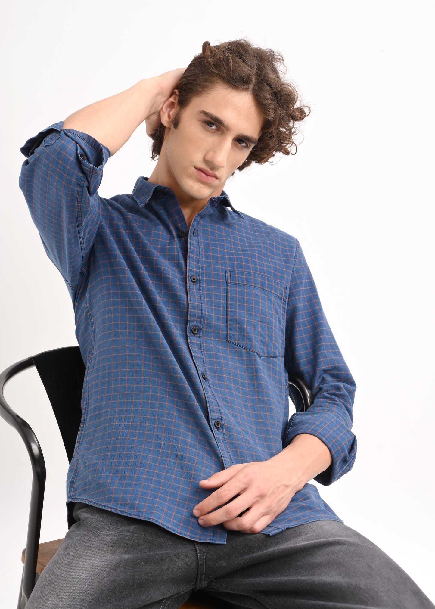 Indigo-Dyed 100% Cotton Check Shirt Navy