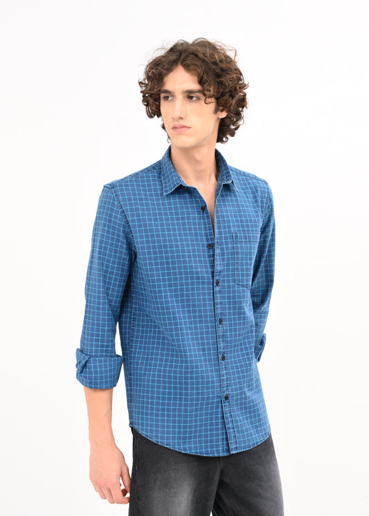 Indigo-Dyed 100% Cotton Check Shirt Sky Blue