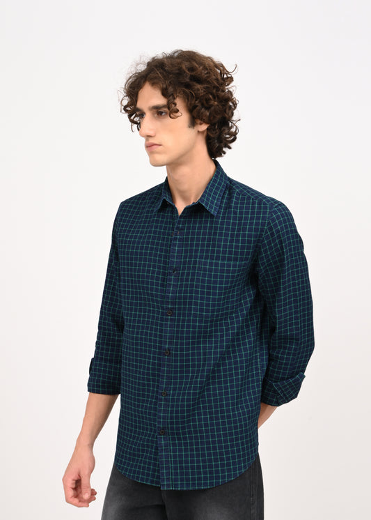 Indigo-Dyed 100% Cotton Check Shirt Lt Green