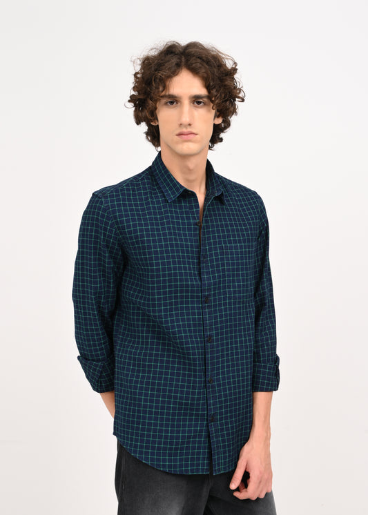 Indigo-Dyed 100% Cotton Check Shirt Lt Green
