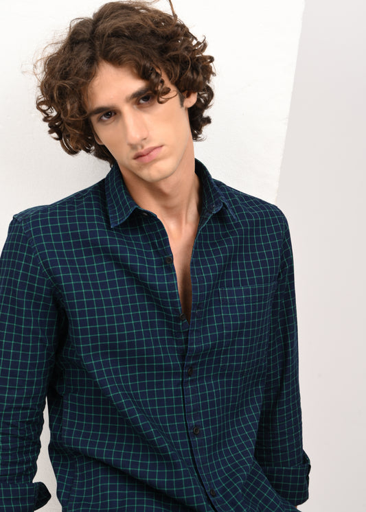Indigo-Dyed 100% Cotton Check Shirt Lt Green