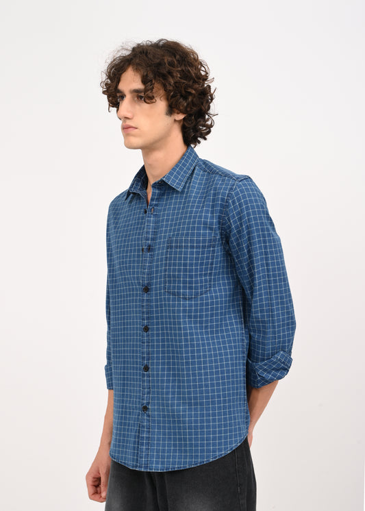 Indigo-Dyed 100% Cotton Check Shirt Blue
