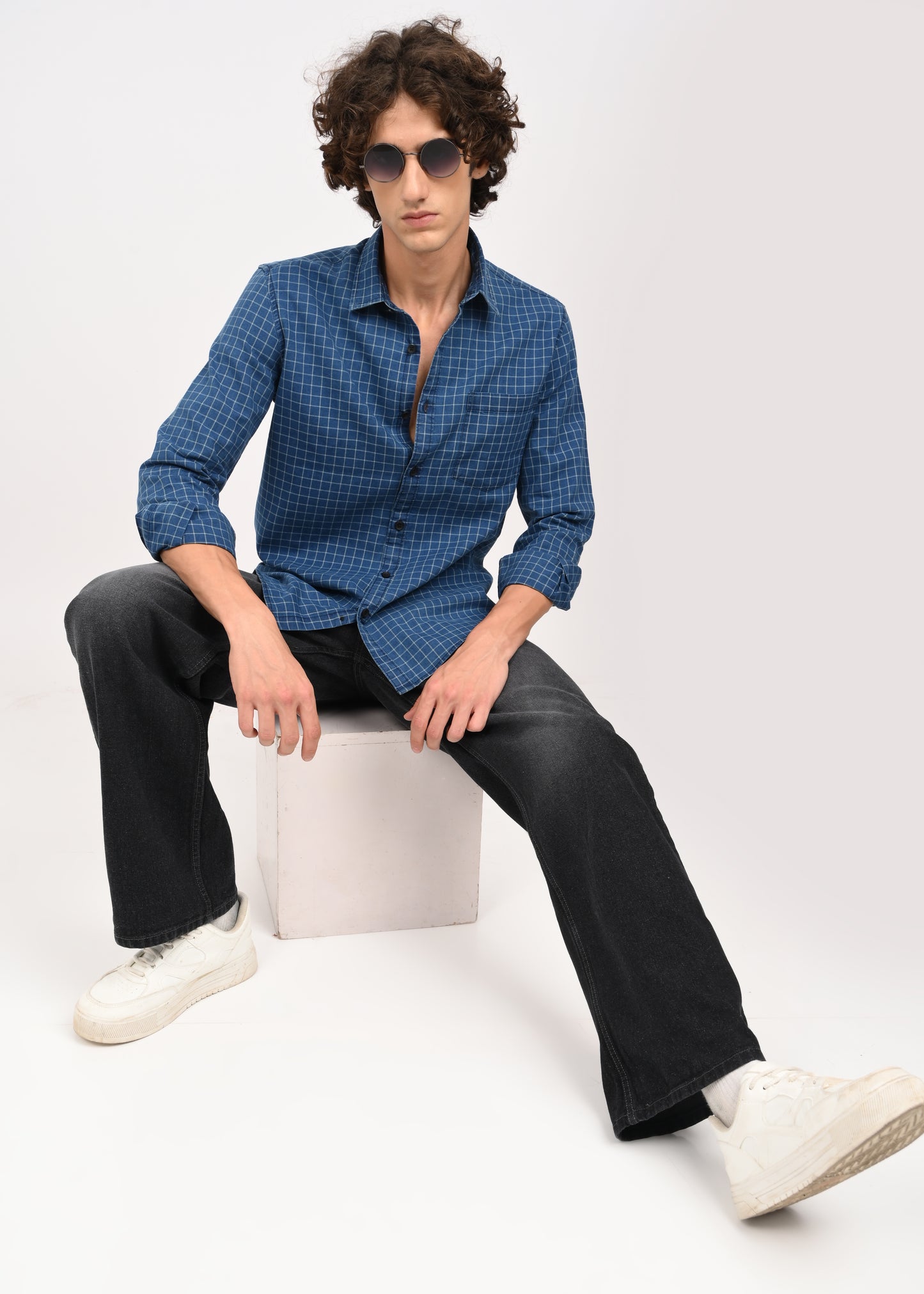 Indigo-Dyed 100% Cotton Check Shirt Blue