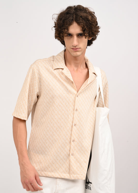 Cuban Collar Knitted Shirt Beige