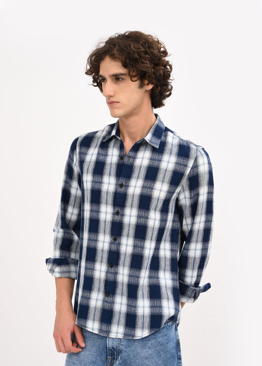 Textured Indigo Dobby Check Shirt Navy