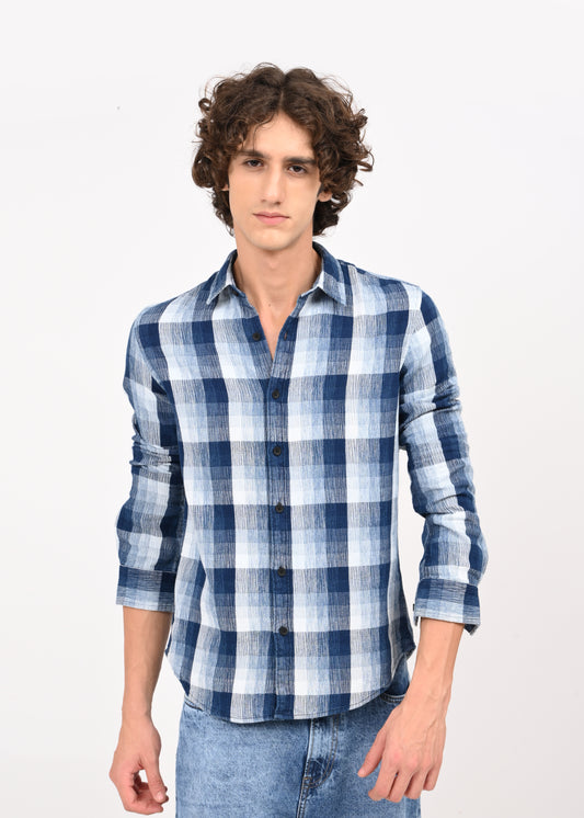 Textured Indigo Dobby Check Shirt Blue