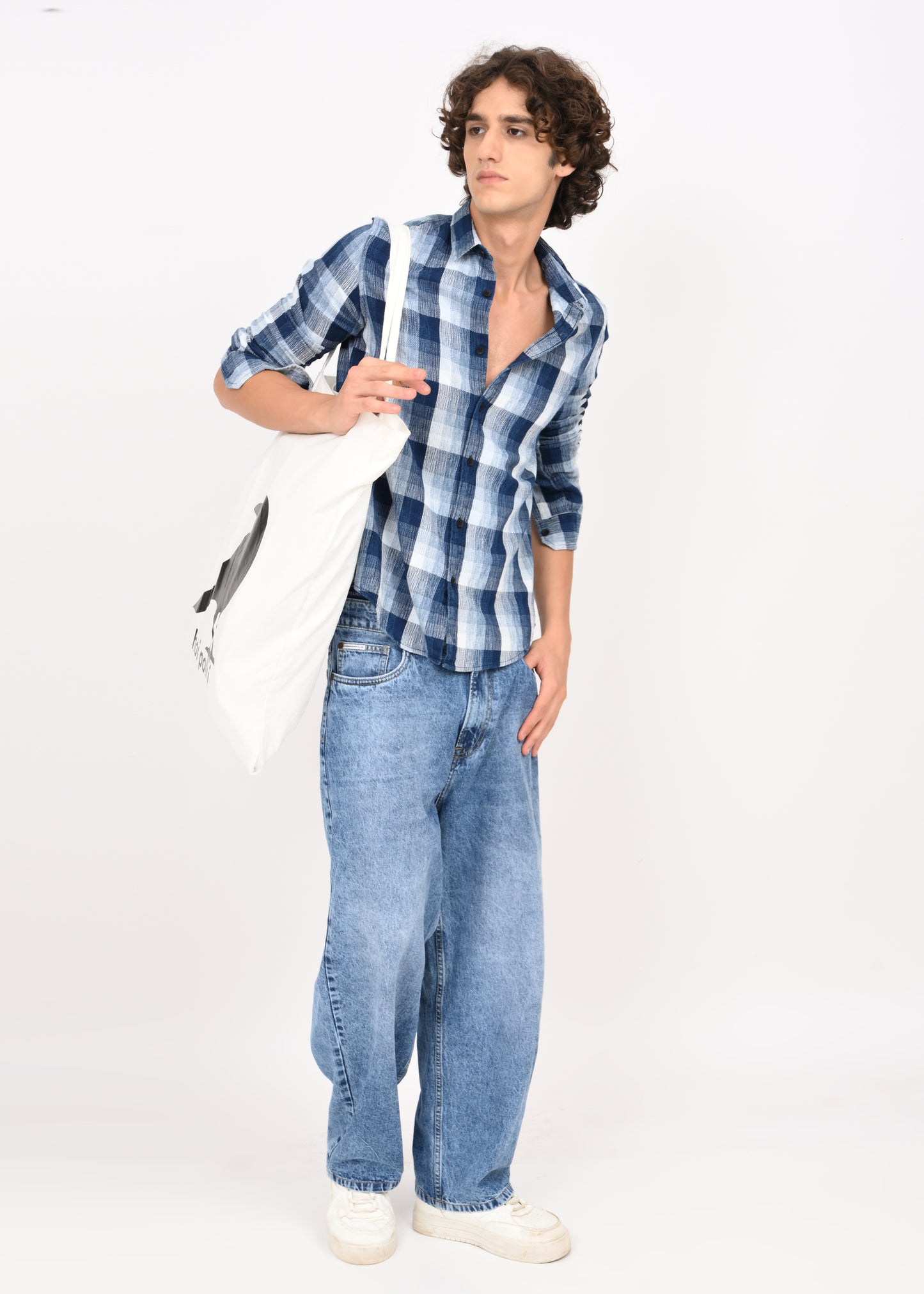 Textured Indigo Dobby Check Shirt Blue