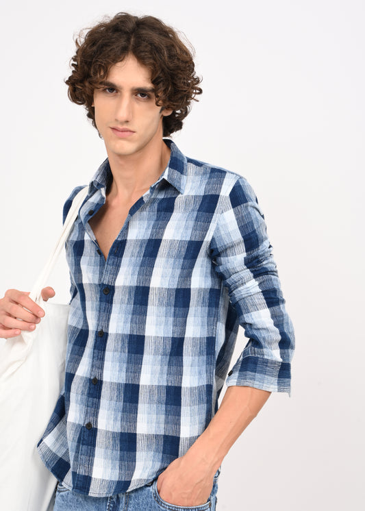 Textured Indigo Dobby Check Shirt Blue