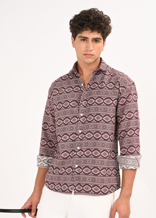 Textured Jacquard Tribal Shirt Maroon