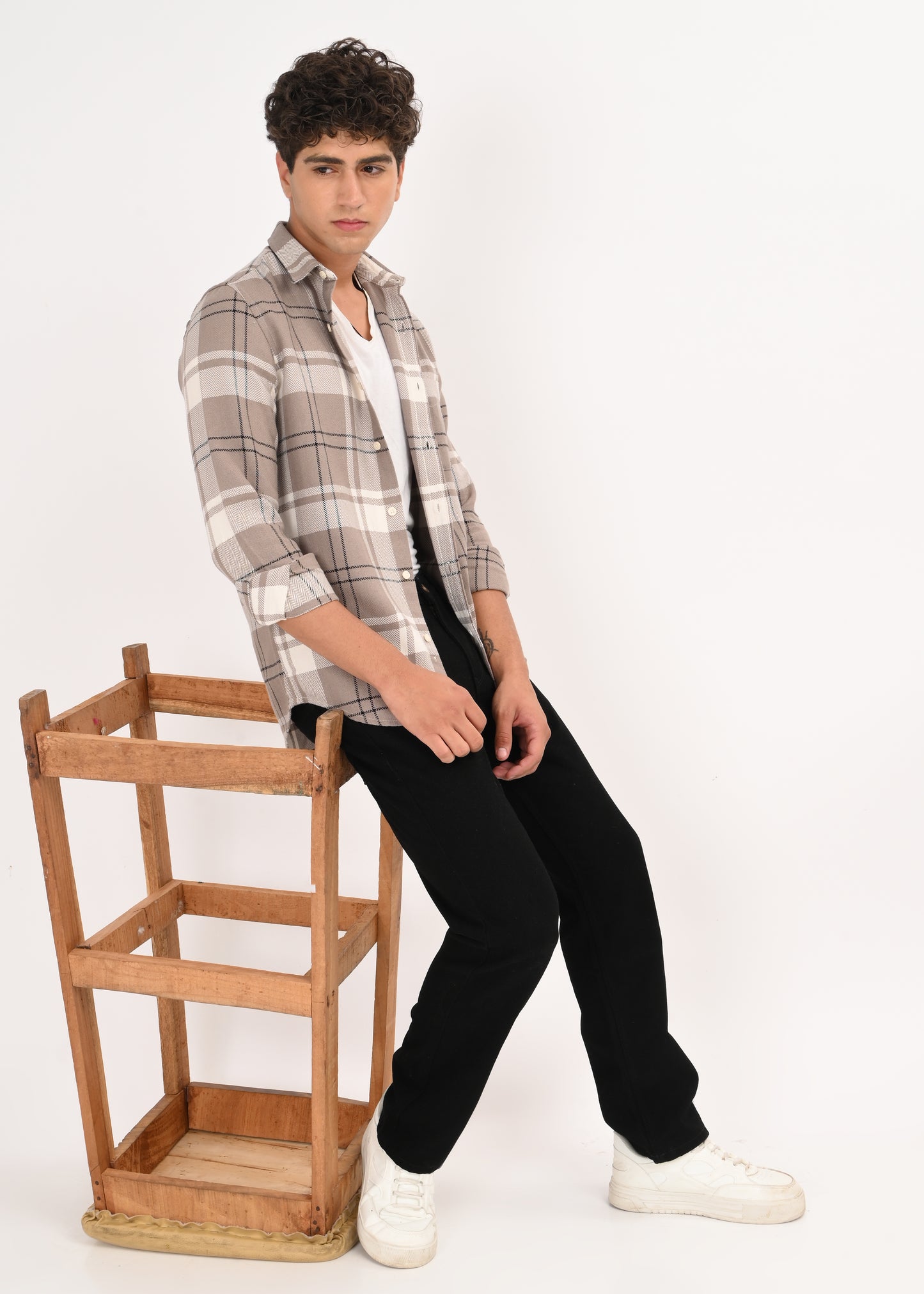 Herringbone Check Shirt Lt Beige